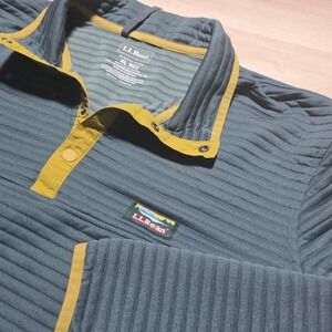 LL Bean Fleece Pullover Mens XL Blue Gray 503645 Ribbed Snap Neck Hiking Sweater